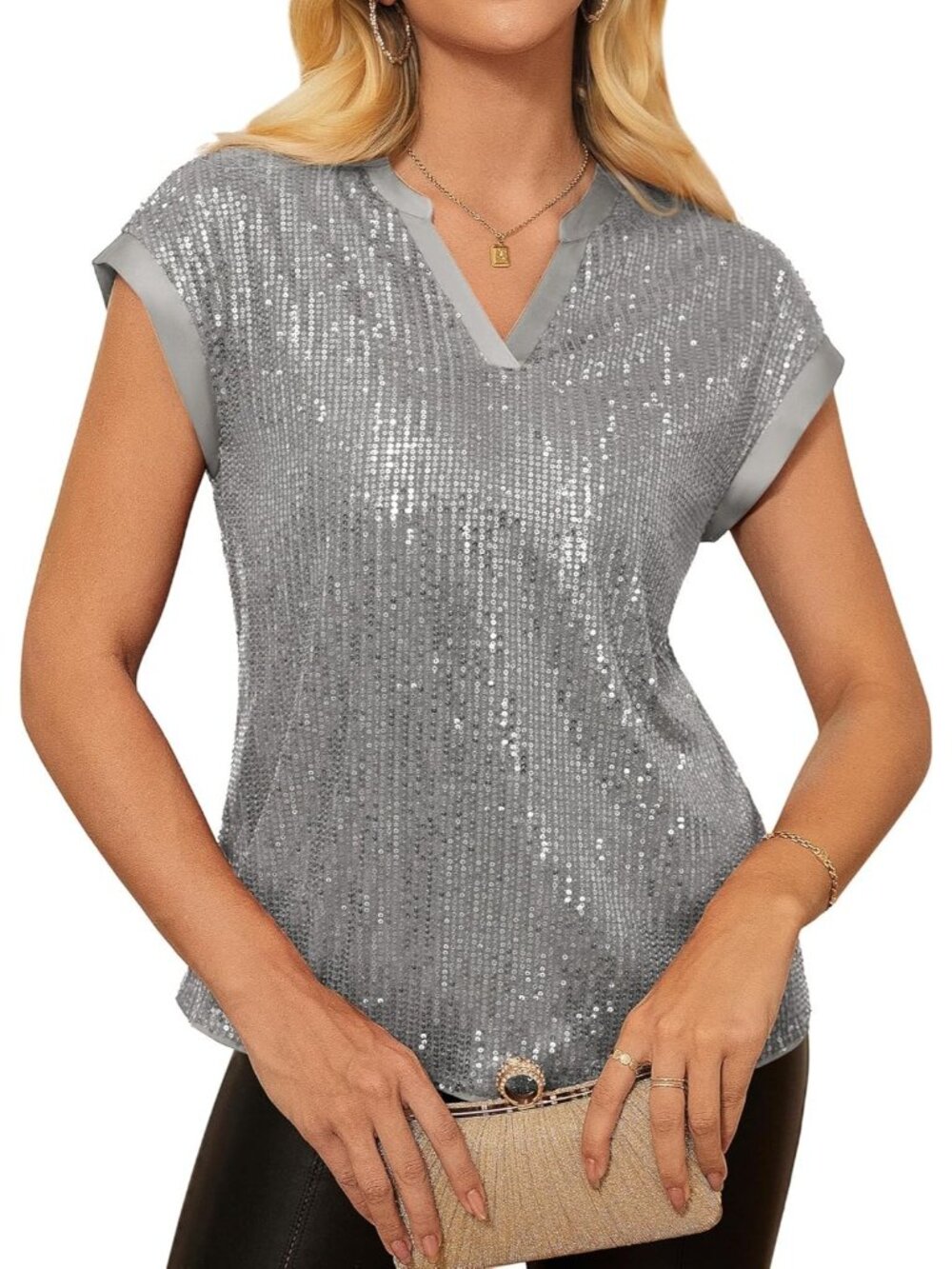 Women's Silver Grey Sparkly Cap Sleeve Dressy Blouses Glitter Party V Neck Tops
